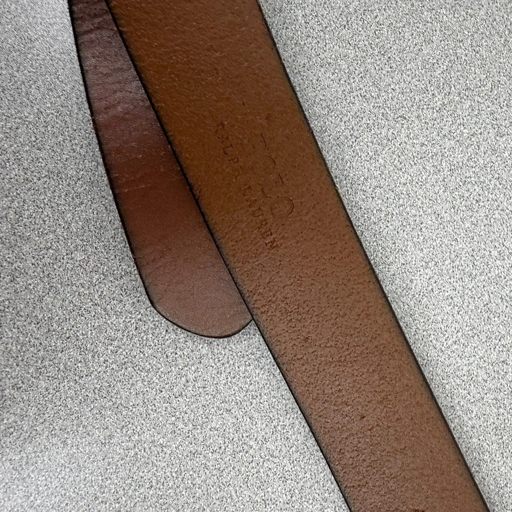 Polo Ralph Lauren Belt Mens 36 Brown Leather Plaque Logo Silver Tone Buckle